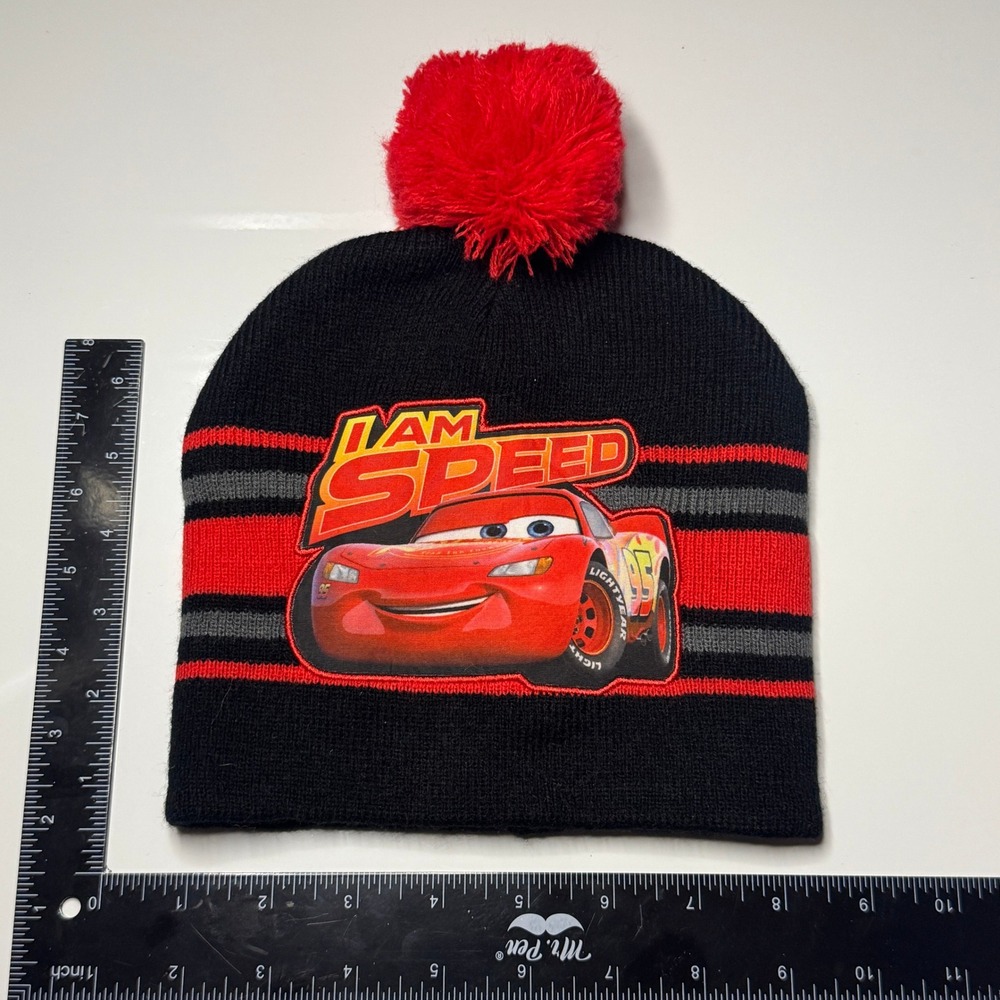 Disney Pixar Cars Lightning McQueen‎ "I AM SPEED" Beanie Hat Pom Red Black Gray